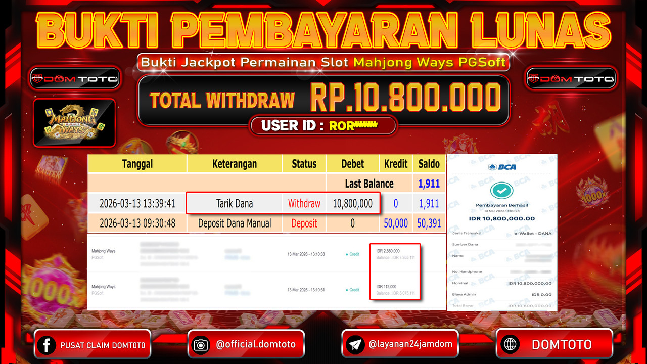 JACKPOT SLOT Mahjong Ways PGSoft 13 MARET 2026