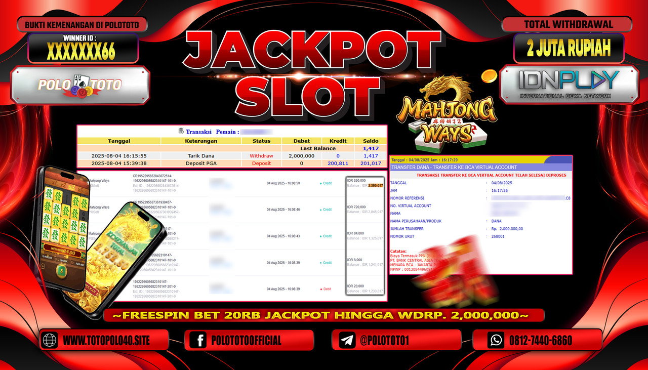 POLOTOTO JACKPOT SLOT MAHJONG WAYS Rp.2.000.000,-LUNAS
