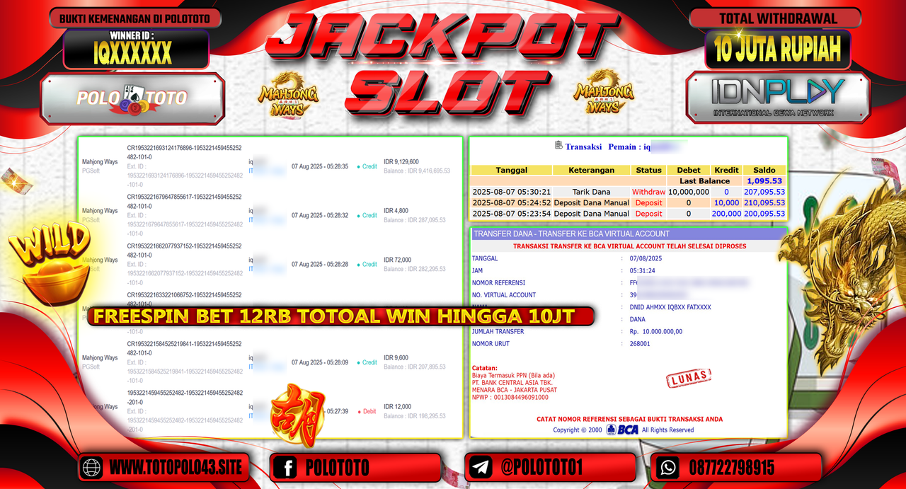 POLOTOTO JACKPOT SLOT MAHJONG WAYS Rp.10.000.000,-LUNAS