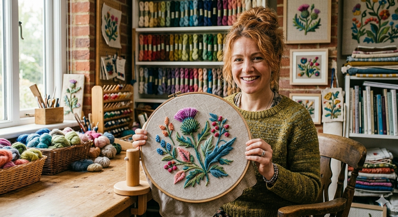 Bordado crewel con flores en 3D — resultado del Método CREWEL