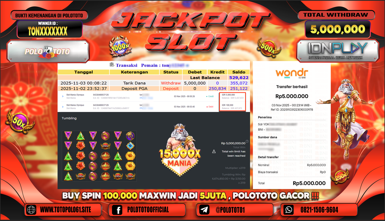 POLOTOTO JACKPOT SLOT 15.000X MANIA Rp.5.000.000,- LUNAS