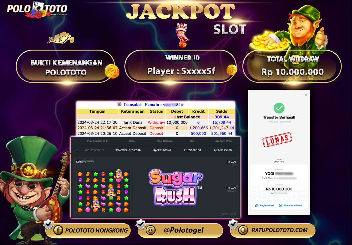 POLOTOTO JACKPOT SLOT SUGAR RUSH Rp 10.000.000,- LUNAS