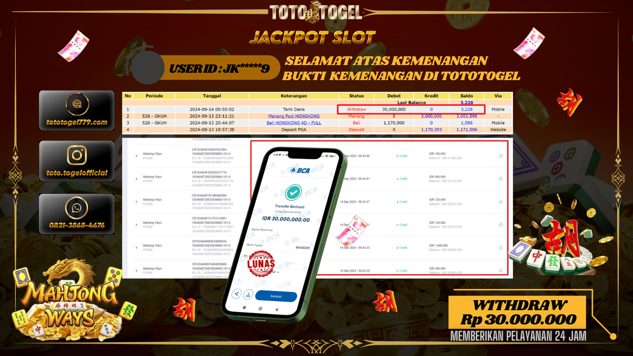Bukti Kemenangan Permainan Slot Mahjong Ways  Dengan ID : JK*****9 Terbayar Lunas!!