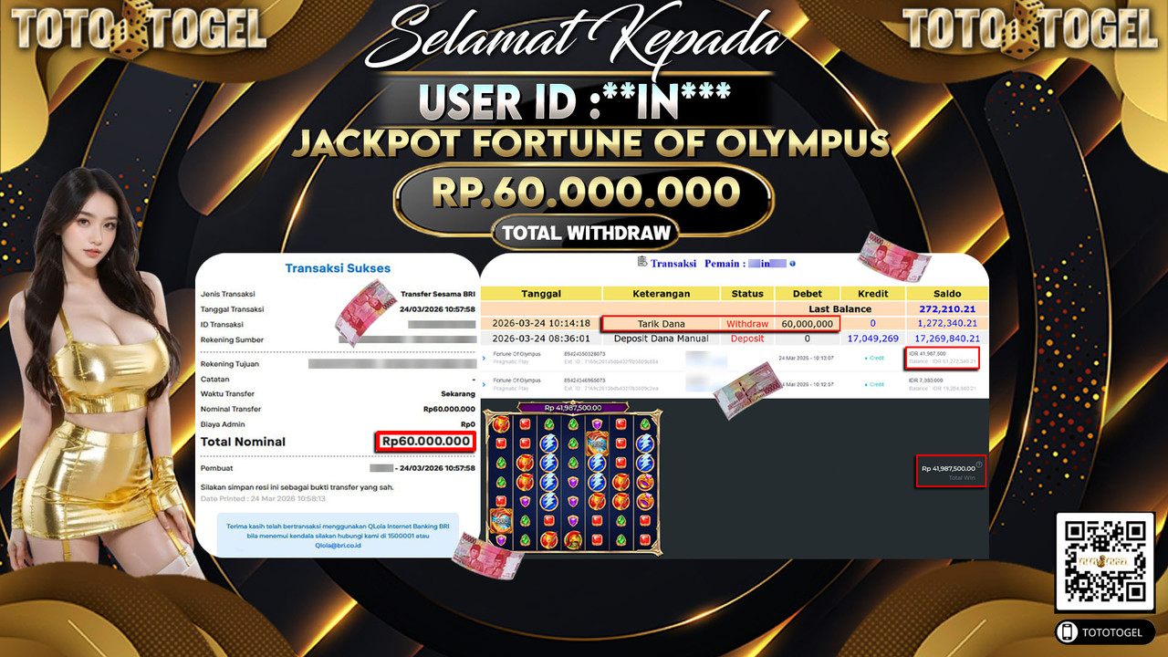 Bukti Pembayaran Jackpot Permainan Slot Fortune Of Olympus ID:**IN***LUNAS