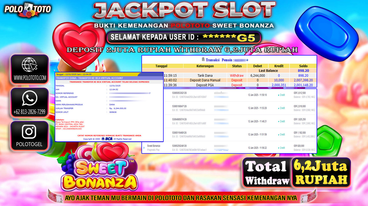 POLOTOTO JACKPOT SLOT SWEET BONANZA Rp.6.244.000,- 