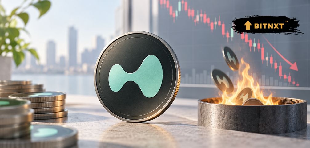 HYPE token ke saath falling price chart aur token burn concept image.