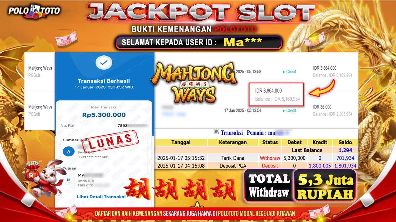POLOTOTO JACKPOT SLOT MAHJONG WAYS Rp.5,300.000,-