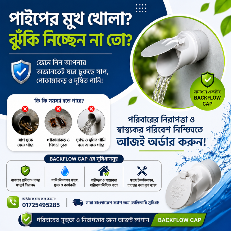 Backflow Cap Drain Cover – ড্রেন পাইপের সাপ, তেলাপোকা ও দুর্গন্ধ প্রতিরোধক সেফটি ক্যাপ (PVC Pipe Backflow Valve)