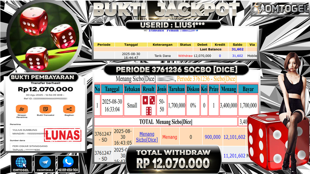 OMTOGEL JACKPOT LIVE GAMES SICBO DICE 12 JUTA DI BAYAR LUNAS ,-