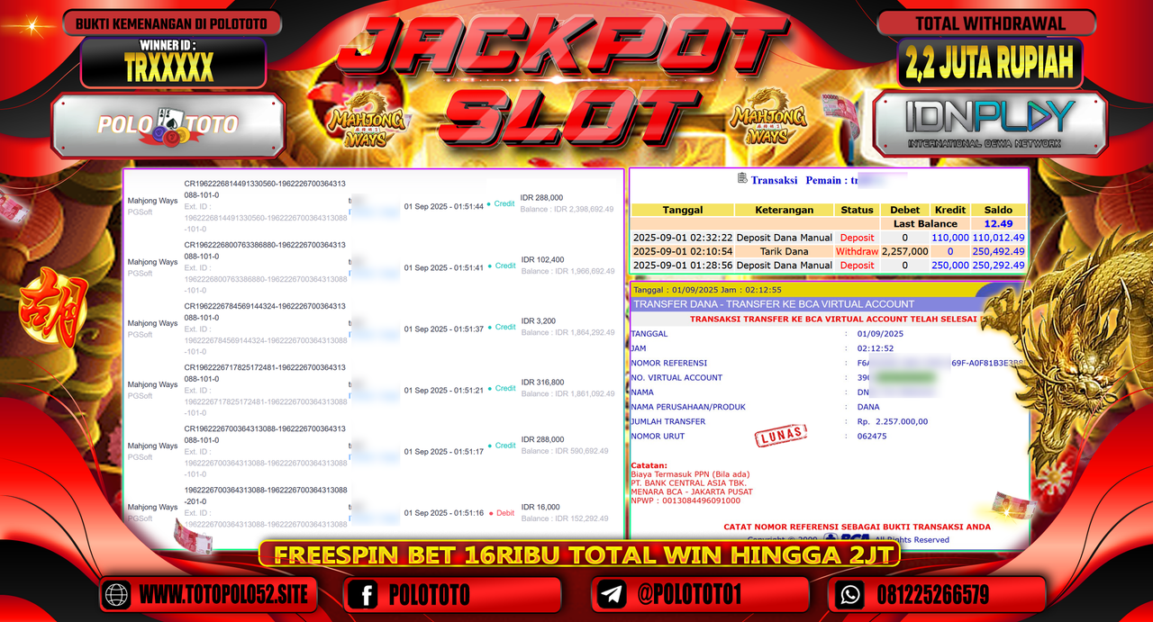 POLOTOTO JACKPOT SLOT MAHJONG WAYS Rp.2.257.000,-