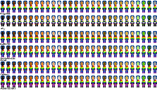 a row of people with pride flag shirts and darker blue hair