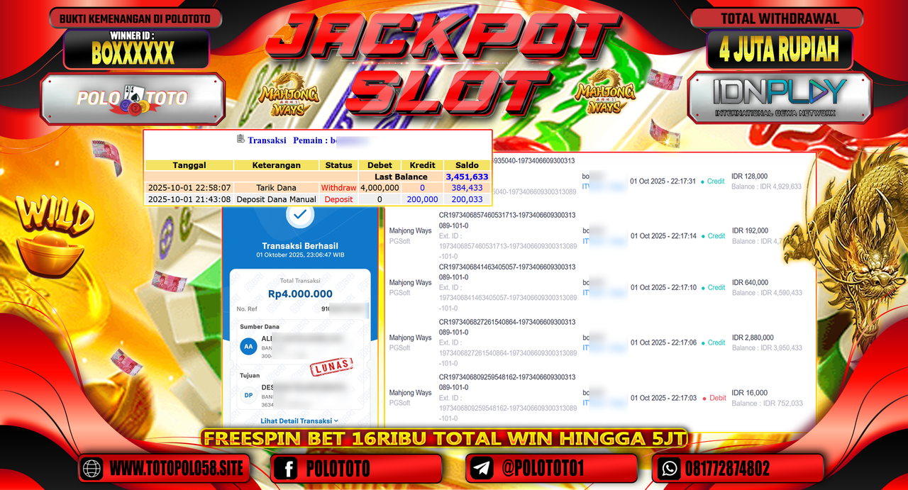 POLOTOTO JACKPOT SLOT MAHJONG WAYS Rp.4.000.000,- LUNAS