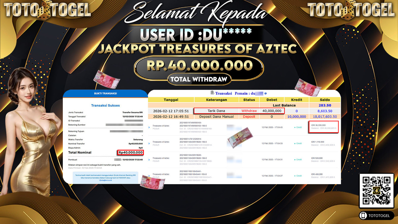 Bukti Pembayaran Jackpot Permainan Slot Treasures Of Aztec ID:DU*****LUNAS