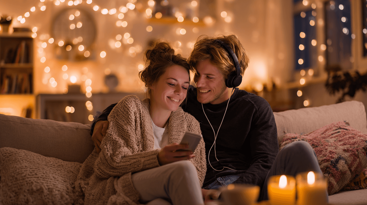 Романтический вечер дома: жена включила персональную песню на смартфоне, муж в наушниках тронут до слез