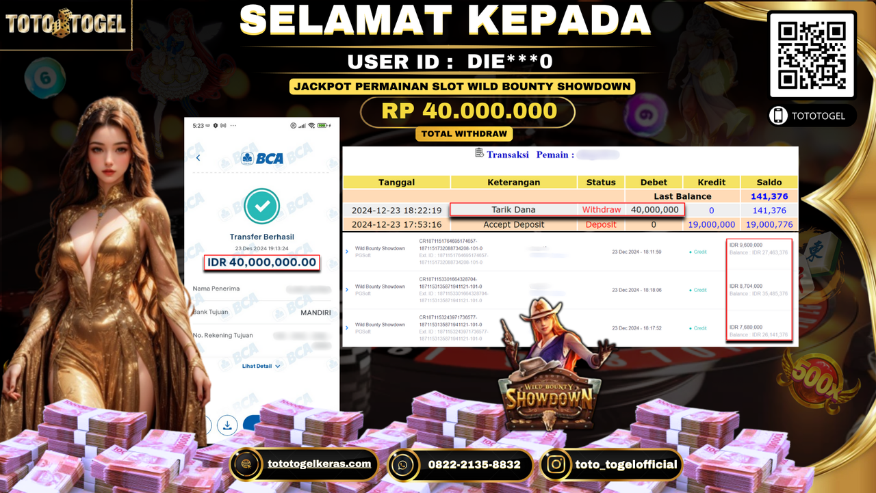 Bukti Pembayaran Jackpot  Permainan Slot Wild Bounty ShowDown : DIE***0 LUNAS