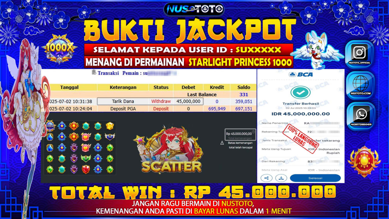 JACKPOT !! MENANG BESAR DI SLOT STARLIGHT PRINCESS 1000 Rp. 45.000.000 LANGSUNG DI BAYAR LUNAS NUSTOTO !!