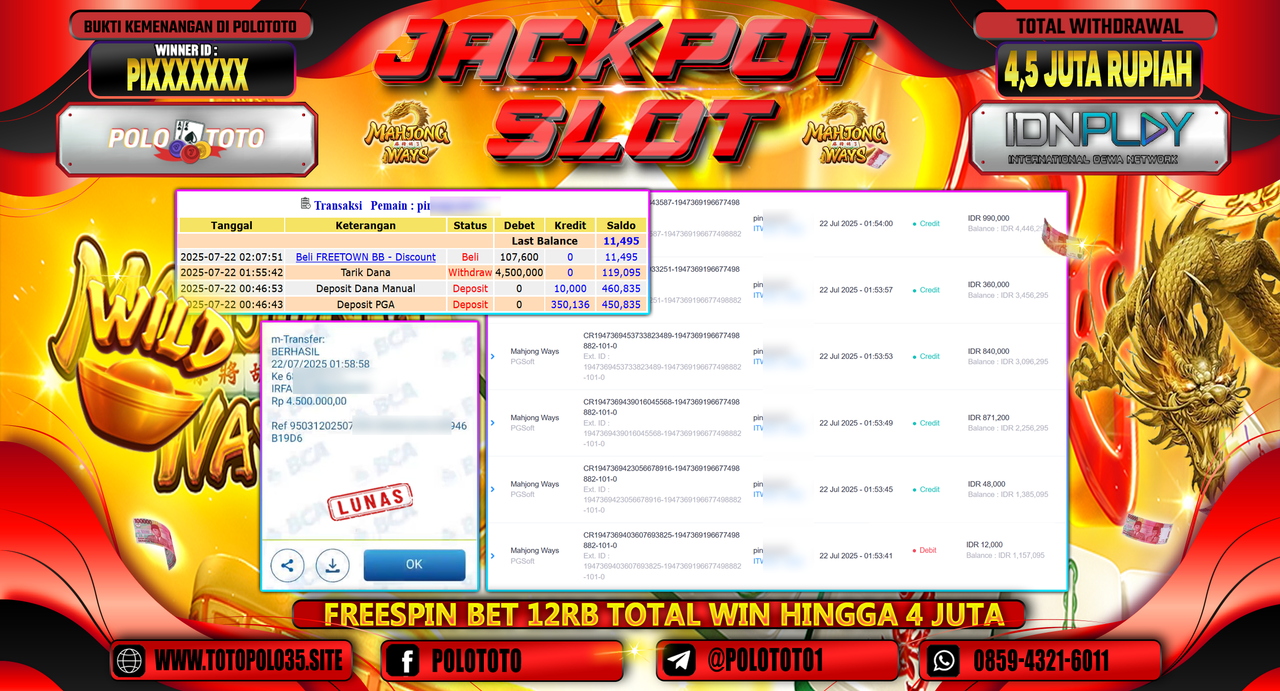 POLOTOTO JACKPOT SLOT MAHJONG WAYS Rp.4.500.000,- LUNAS