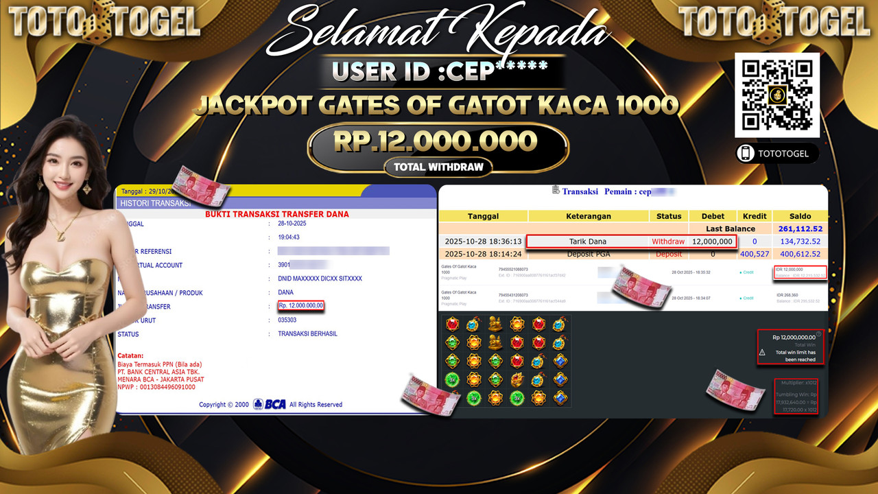 Bukti Pembayaran Jackpot Permainan Slot Gates Of Gatot Kaca 1000 4D ID:CEP**** LUNAS