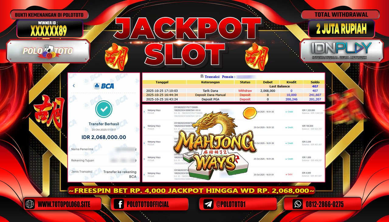 POLOTOTO JACKPOT SLOT MAHJONG WAYS Rp.2.000.000,- LUNAS