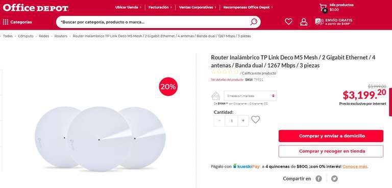 Office Depot: Router Inalámbrico TP Link Deco M5 Mesh / 2 Gigabit Ethernet / 4 antenas / Banda dual / 1267 Mbps / 3 piezas 
