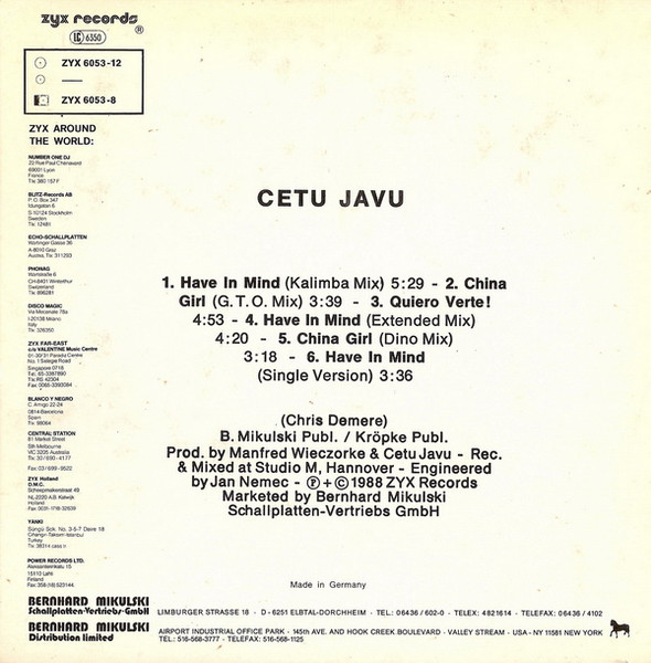 08/01/2023 - Cetu Javu – Have In Mind (CD, Maxi-Single)(ZYX Records – 6053-8)  1988 R-570471-1272237665