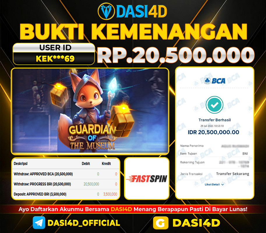 BUKTI KEMENANGAN 29 JULI 2025 DI GUARDIAN OF THE MUSEUM RP   20.500.000