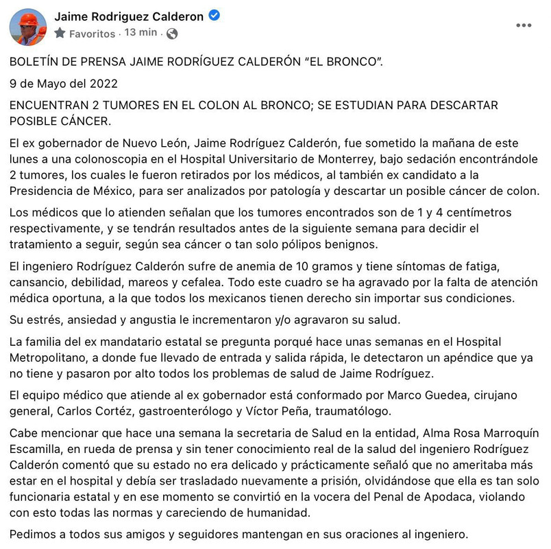 Detectan dos tumores a El Bronco; estudian posible cáncer