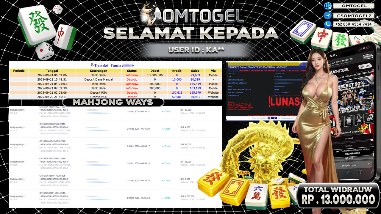 OMTOGEL JACKPOT PGSOFT MAHJONG WAYS 13 JUTA DI BAYAR LUNAS ,-