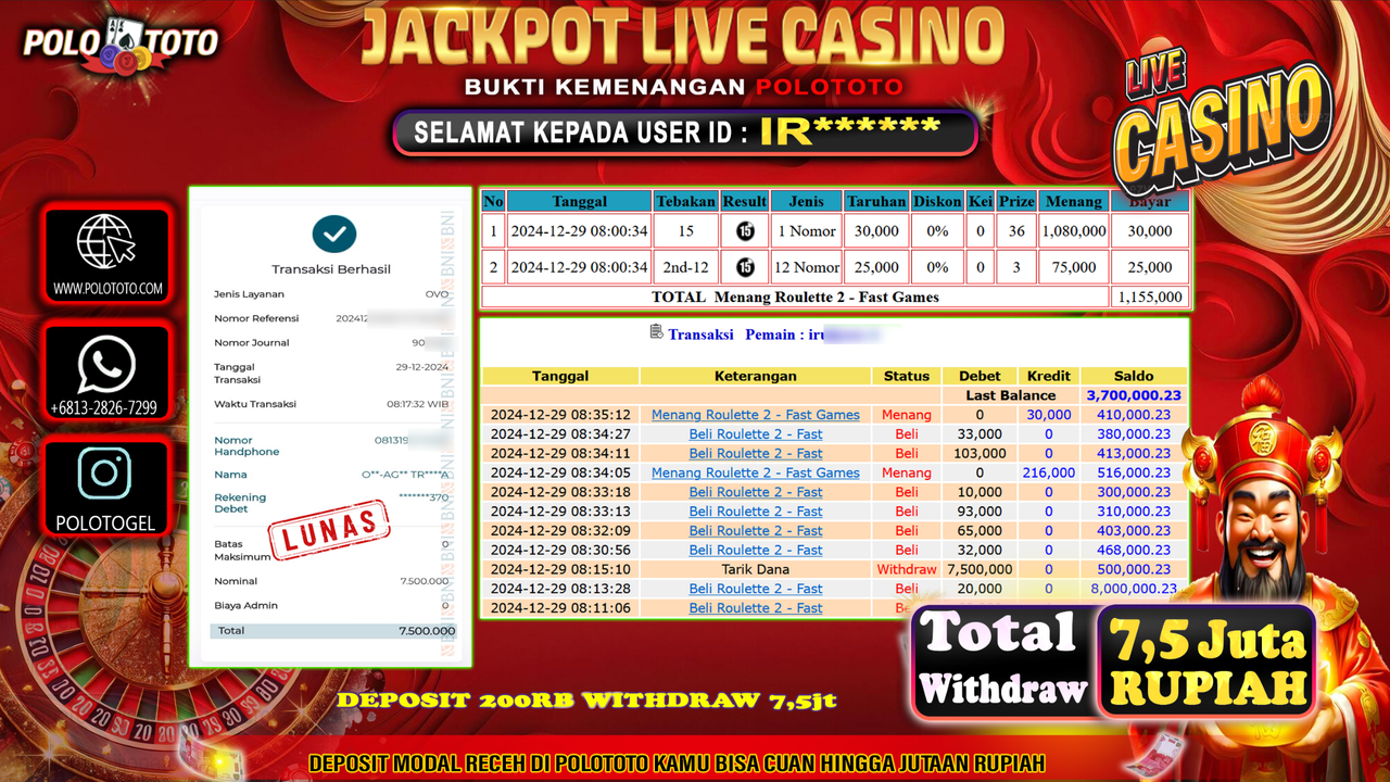 POLOTOTO JACKPOT LIVE CASINO ROULETTE 2 Rp.7,500.000,-