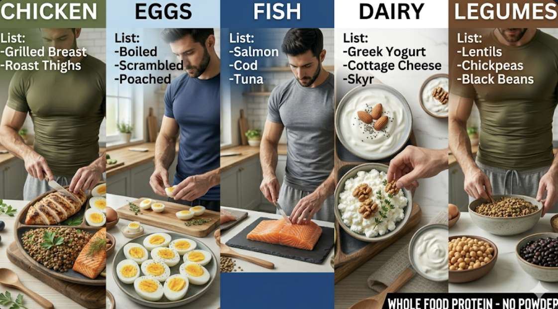 Protein rich foods list for meal prep including chicken breast, eggs, Greek yogurt, cottage cheese, lentils, and salmon for protein without protein powder
