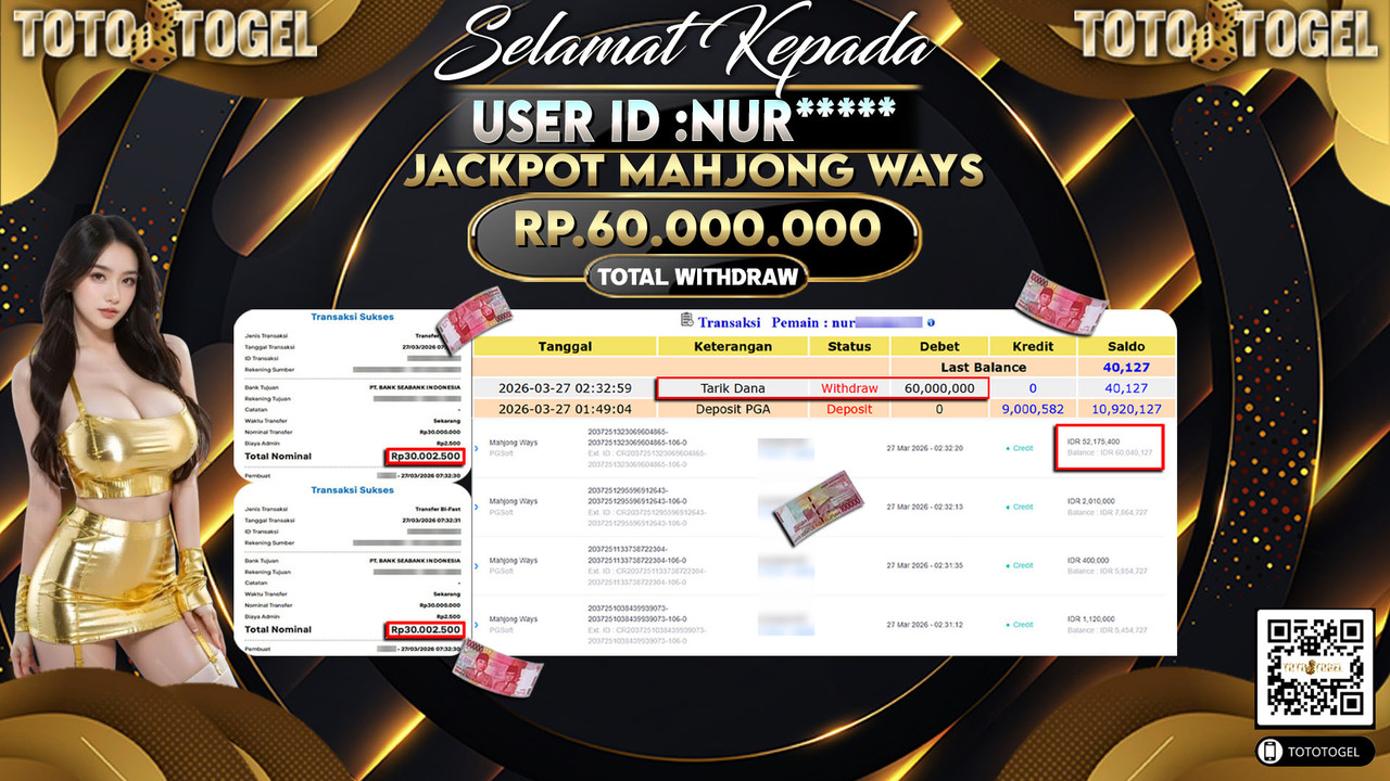 Bukti Pembayaran Jackpot Permainan Slot Mahjong Ways ID:NUR*****LUNAS