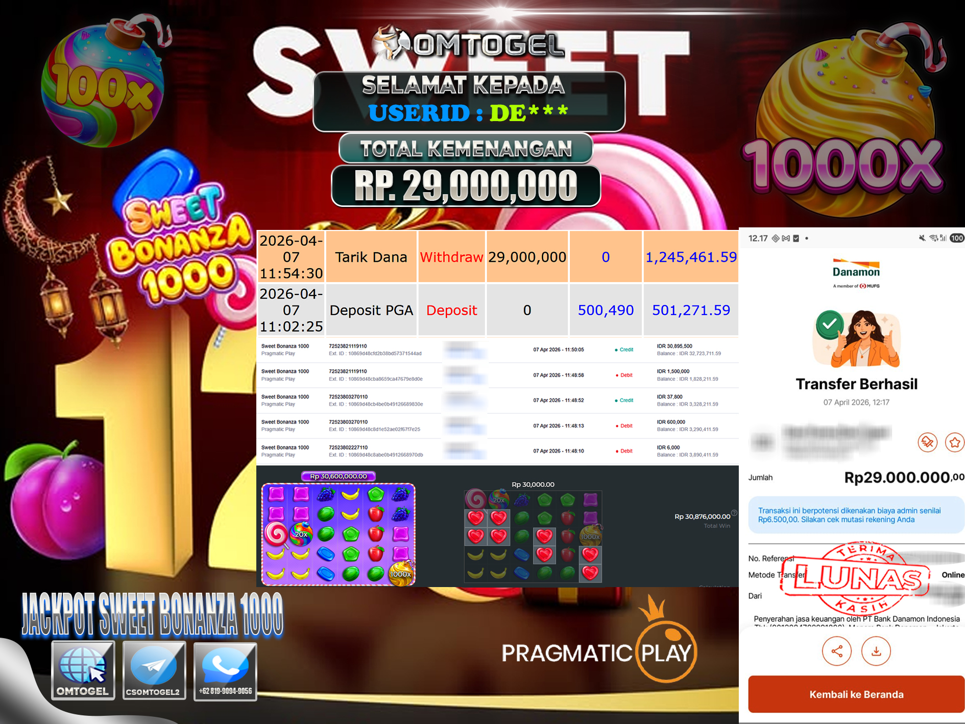 OMTOGEL JACKPOT PRAGMATIC PLAY SWEET BONANZA 1000 ,29 JUTA DI BAYAR LUNAS ,-
