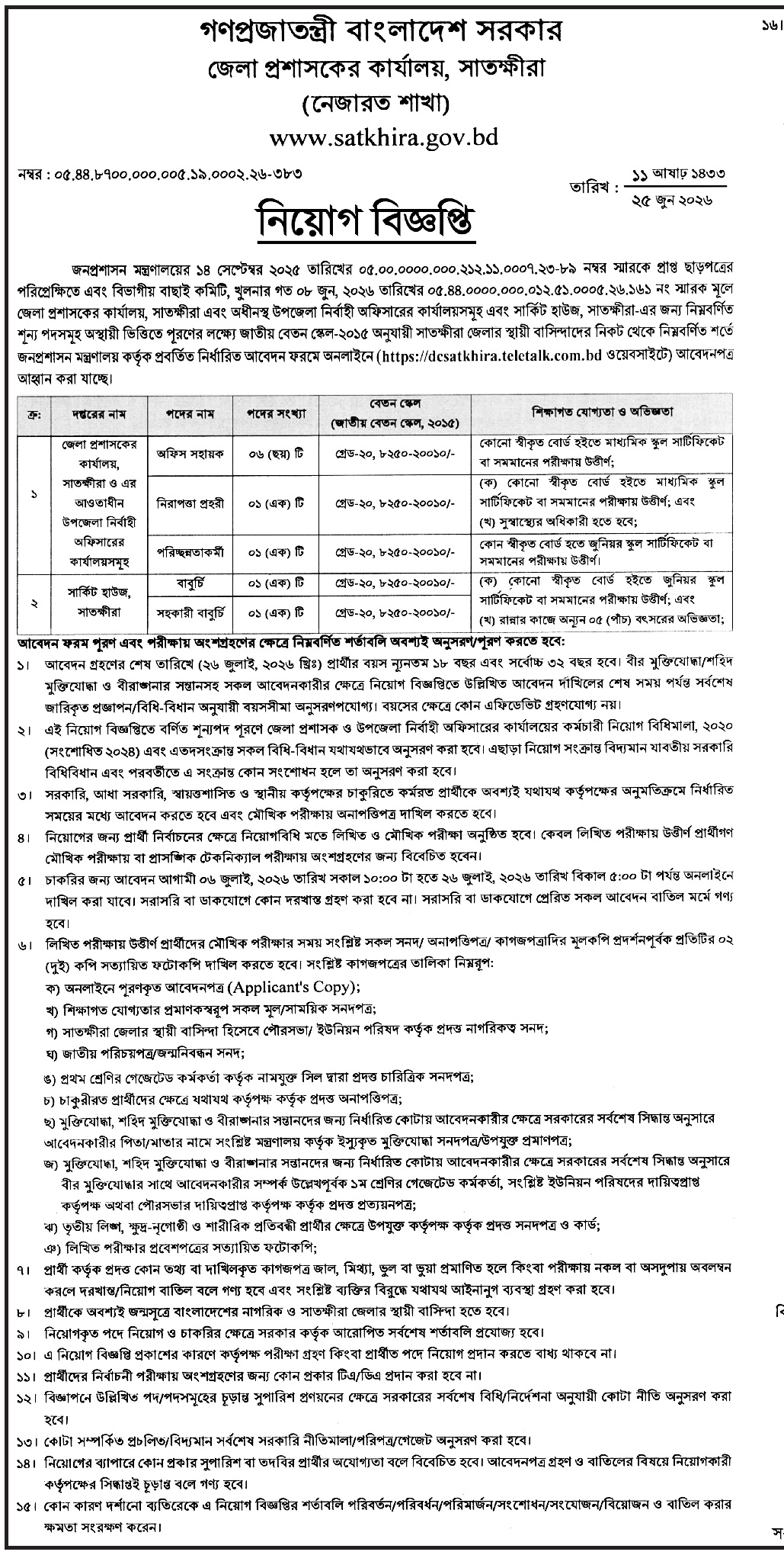 সাতক্ষীরা জেলা প্রশাসকের কার্যালয় নিয়োগ