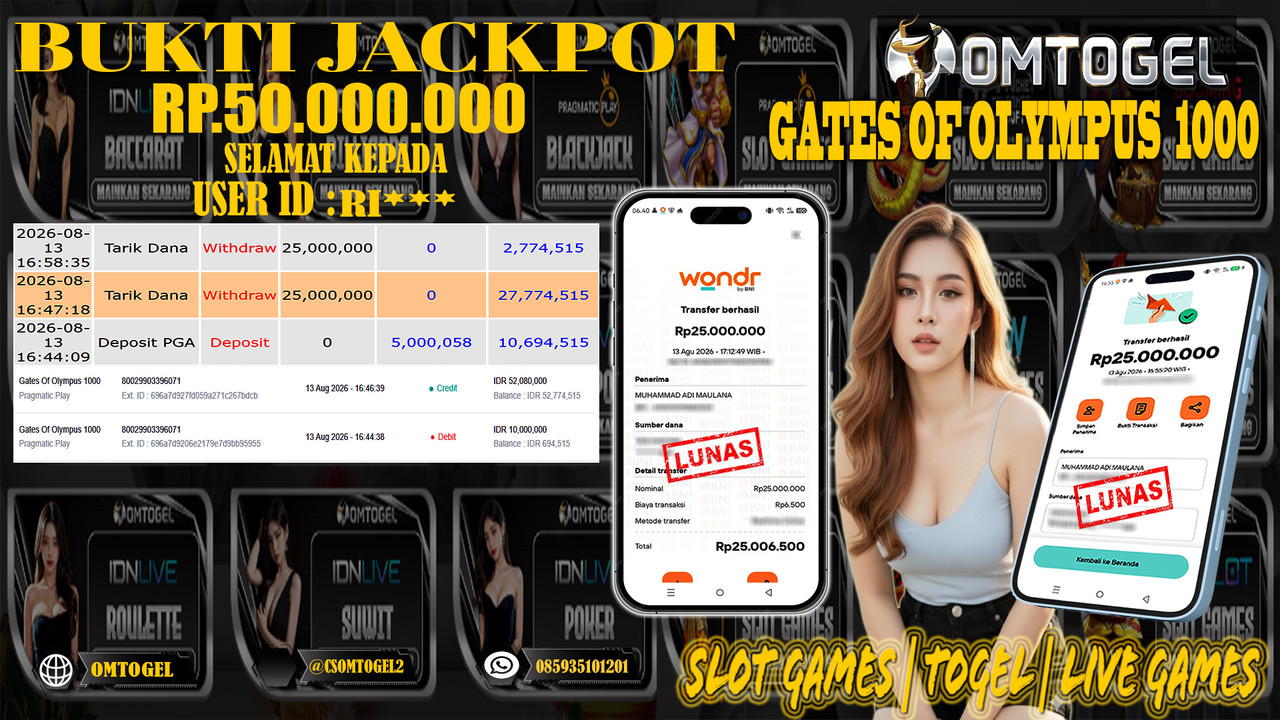 OMTOGEL JACKPOT PRAGMATIC PLAY GATES OF OLYMPUS 1000 Rp,50,000,000,- DIBAYAR LUNAS