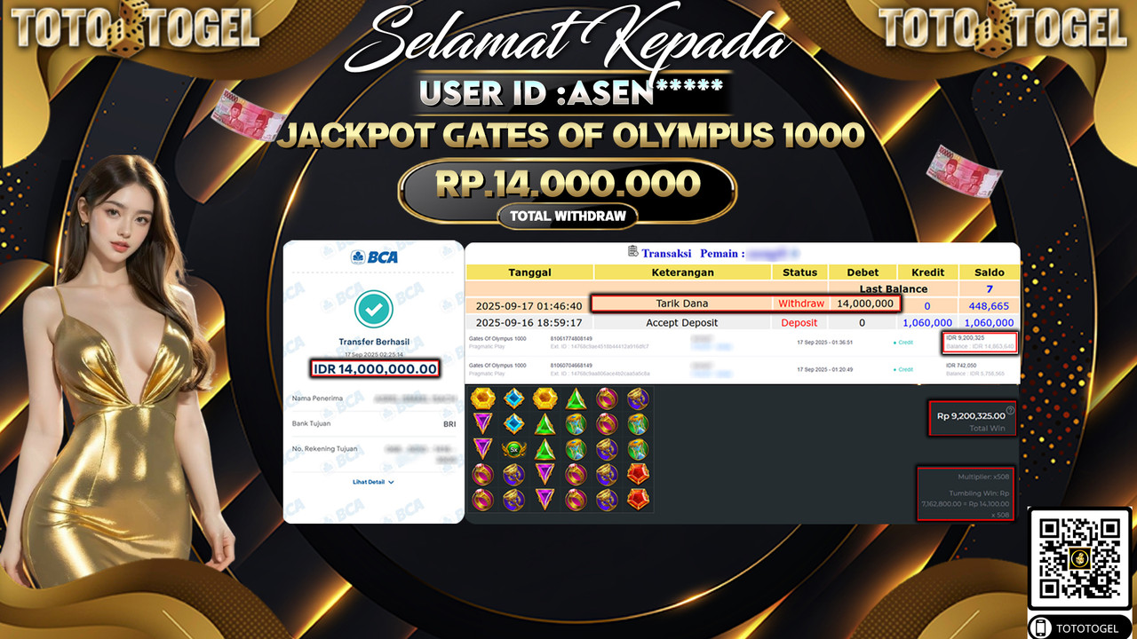 Bukti Pembayaran Jackpot Permainan Slot Gates Of Olympus 1000  ID:ASEN*** LUNAS