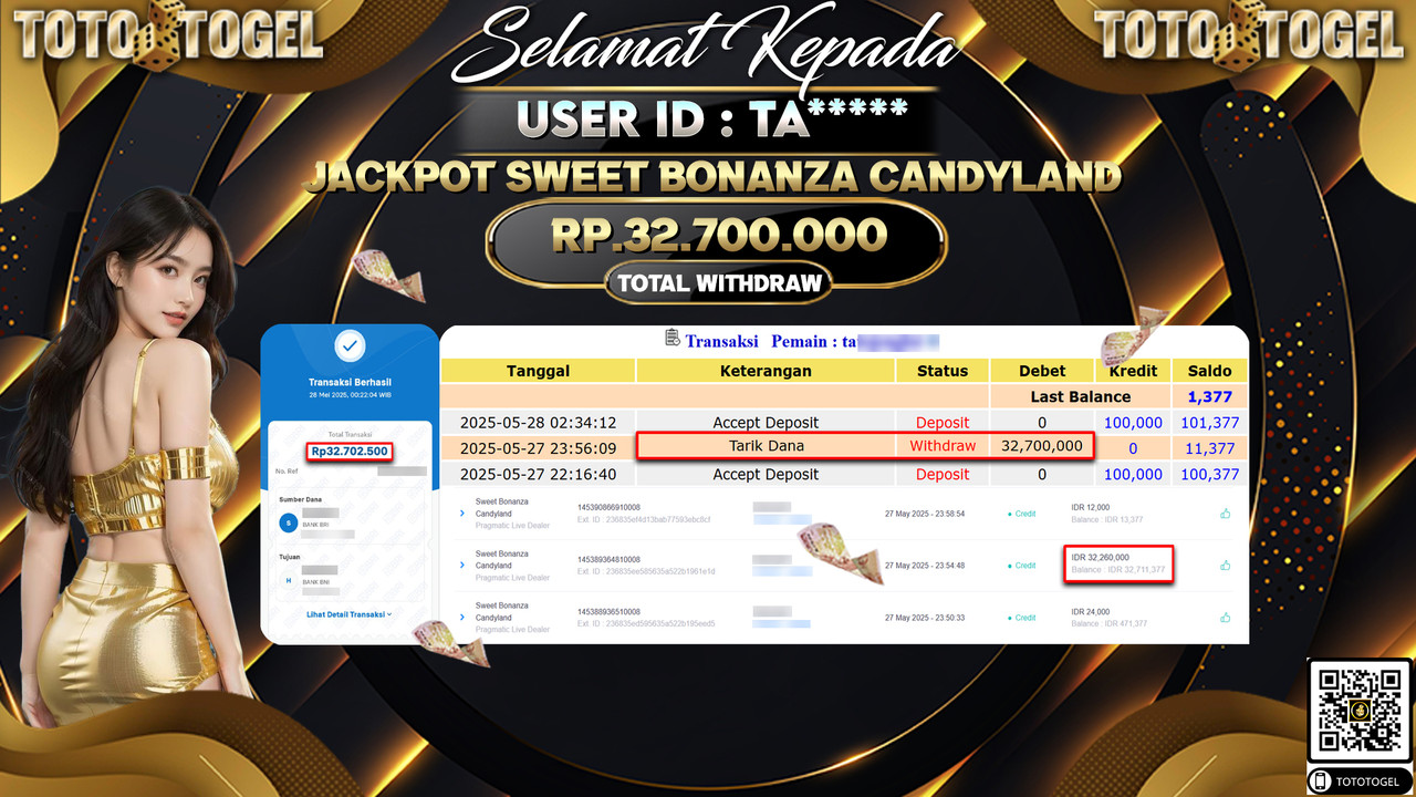 Bukti Pembayaran Jackpot Permainan Live Game Sweet Bonanza Candyland ID:TA***** LUNAS