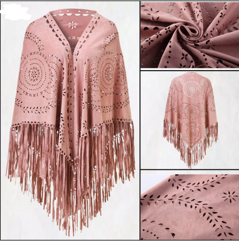 Pink Suede Wheat Tassel Triangle Scarf - Autumn Warm Shawl for Women