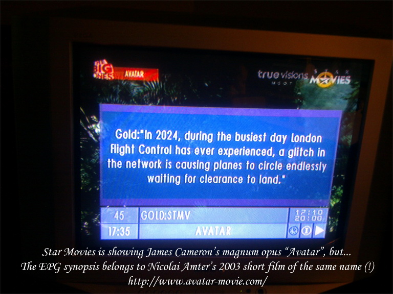 Full-screen EPG over James Cameron's Avatar, airing with a special extra 'The Big Ones' logo: 'In 2024, during the busiest day London Flight Control has ever experienced, a glitch inthe network is causing planes to circle endlessly waiting for clearance to land.' Caption: Star Movies is showing James Cameron's magnum opus Avatar, but... The EPG synopsis belongs to Nicolai Amter's 2003 short film of the same name (!)