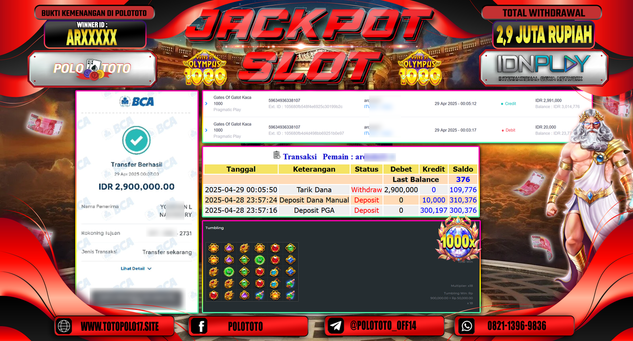 POLOTOTO JACKPOT SLOT GATES OF OLYMPUS 1000 Rp.2.900.000,-