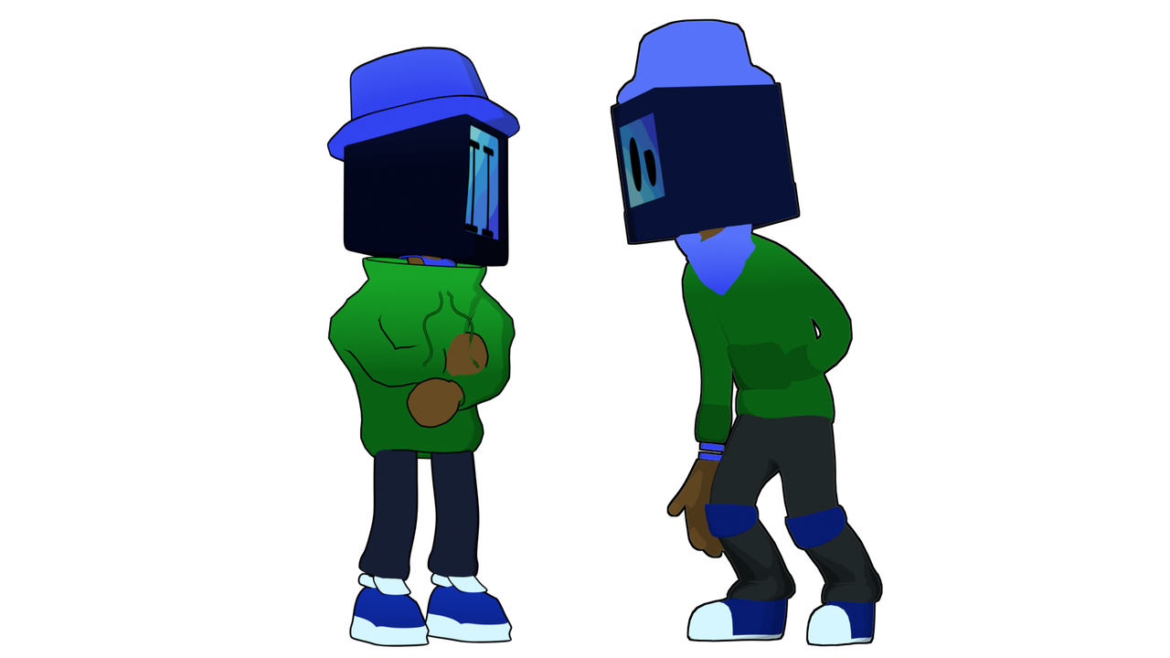 Two tv headed characters staring at each other with different art styles