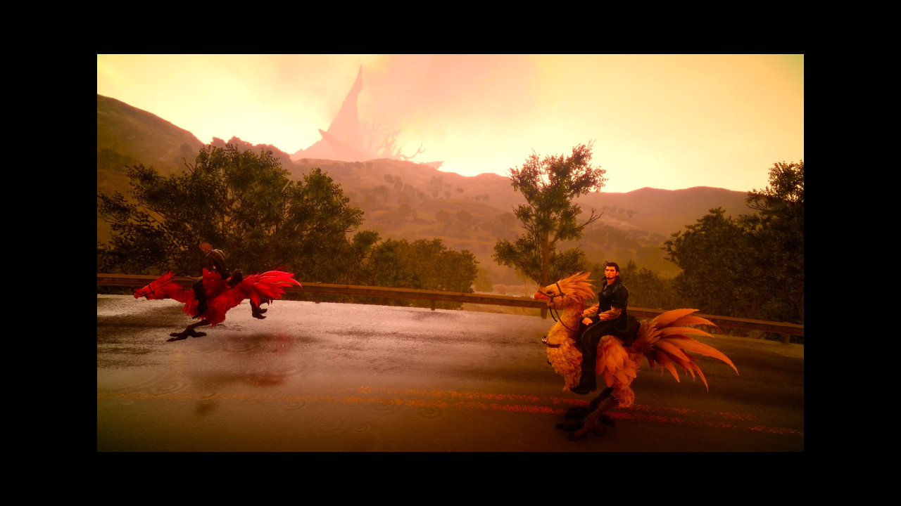 guy stares off into sky as wife leaves on chocobo
