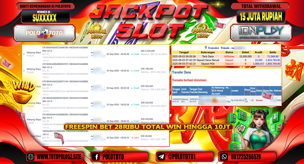 POLOTOTO JACKPOT SLOT MAHJONG WAYS Rp.15.000.000,-