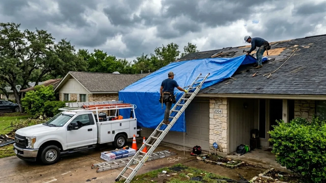 Local roofing crew arriving to tarp a storm-damaged Austin home