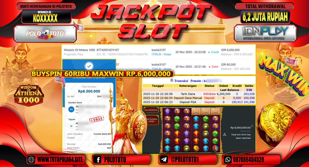 POLOTOTO JACKPOT SLOT WISDOM OF ATHENA 1000 Rp.6.200.000,- LUNAS
