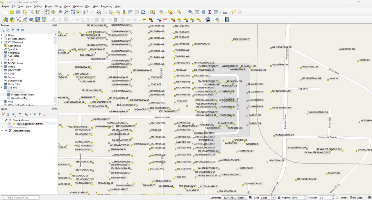 Screenshot of QGIS with Hinds County address data being displayed.