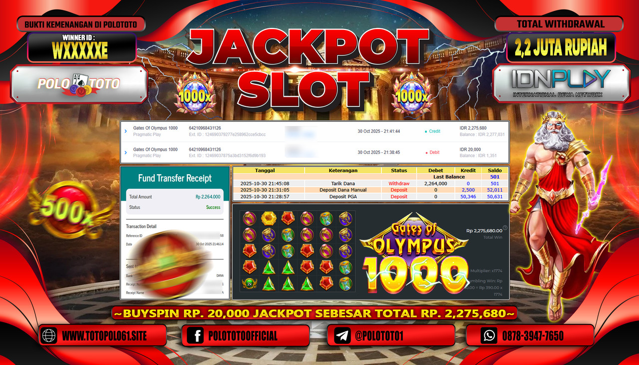 POLOTOTO JACKPOT SLOT GATES OF OLYMPUS 1000 Rp.2.200.000,- LUNAS