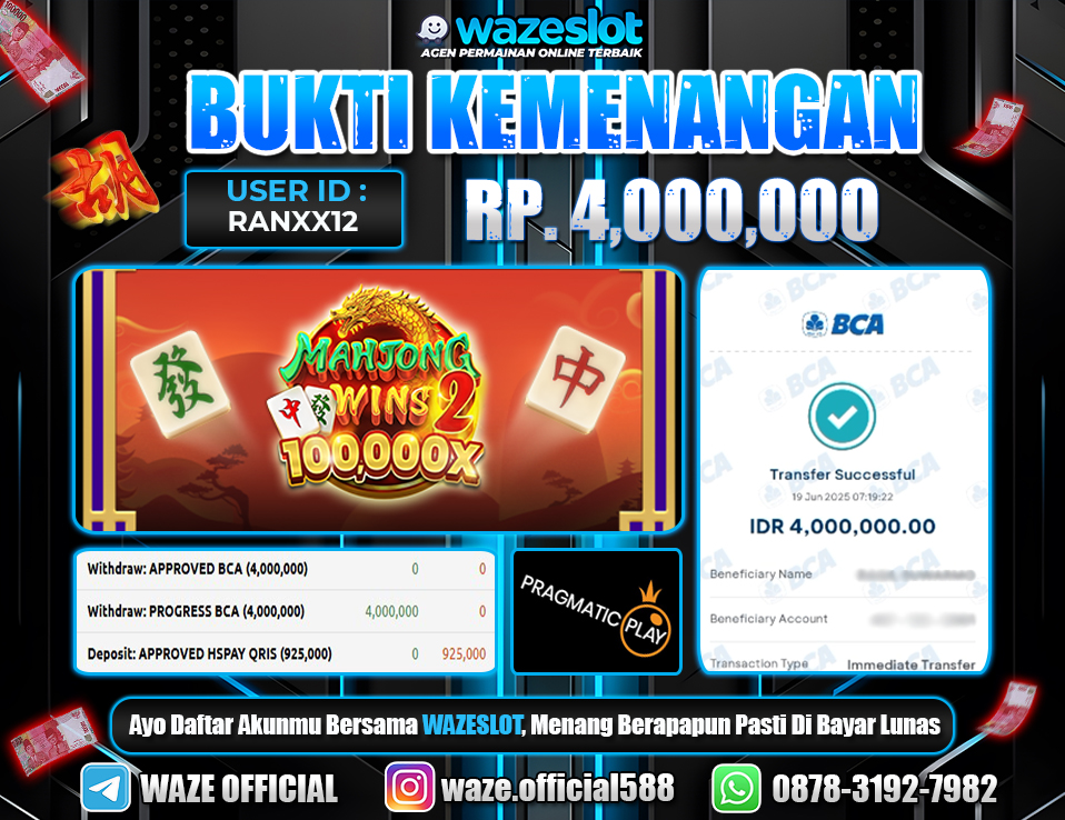 BUKTI KEMENANGAN 19 JUNI 2025 DI GAME MAHJONG WINS 2