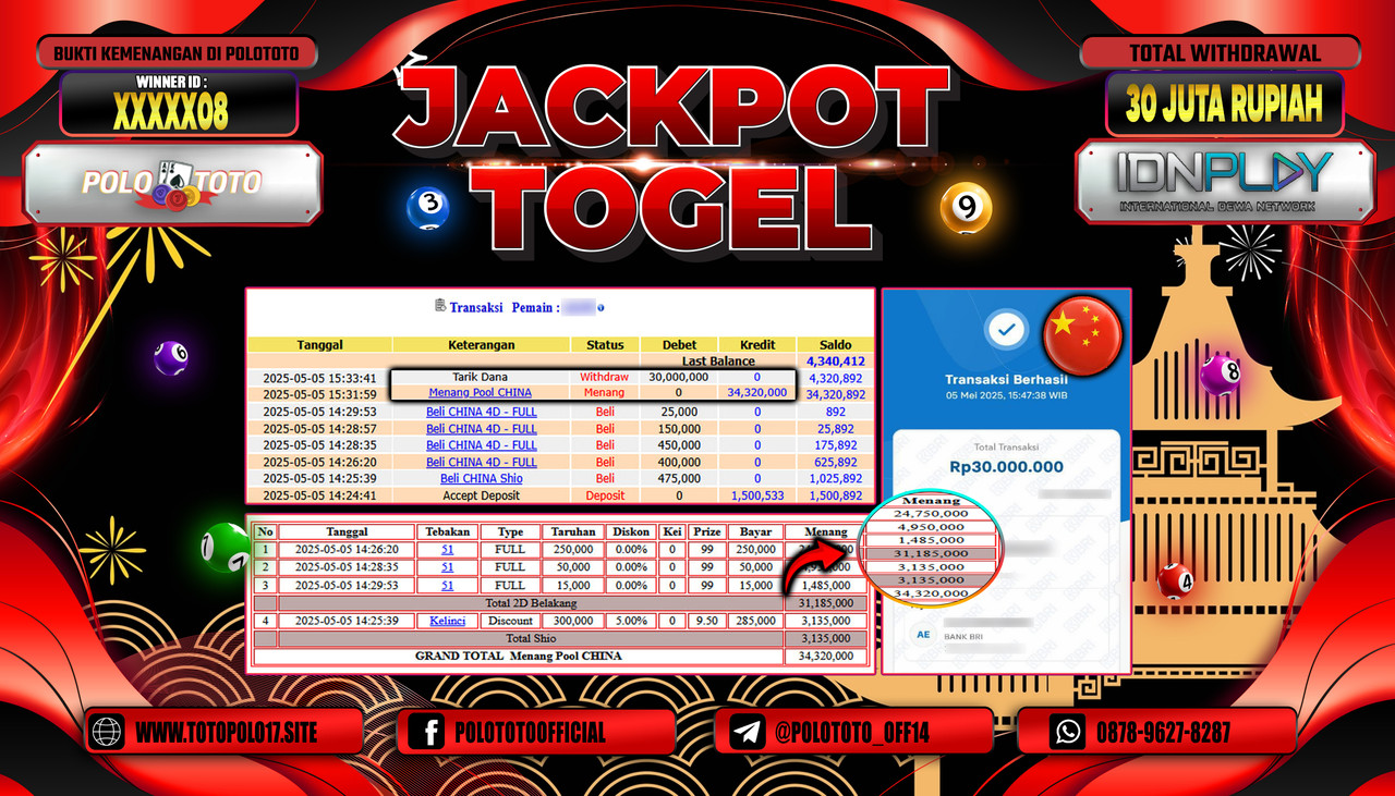 POLOTOTO JACKPOT TOGEL CHINA POOLS Rp.30.000.000,-