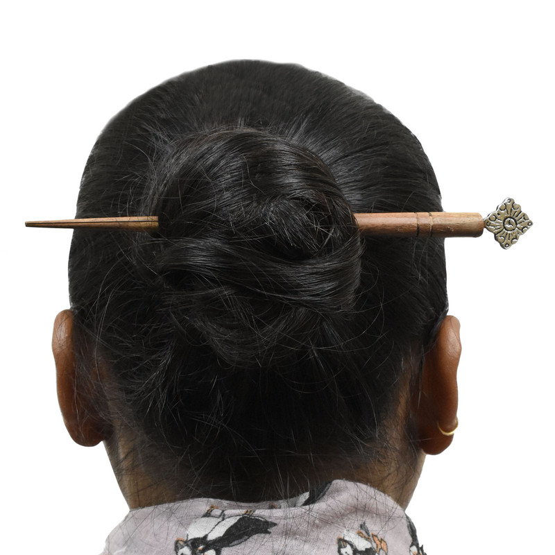 Women Juda Hair Pin Wood & Metal Handmade Beautiful Design Traditional Stick Pin - Picture 6 of 40