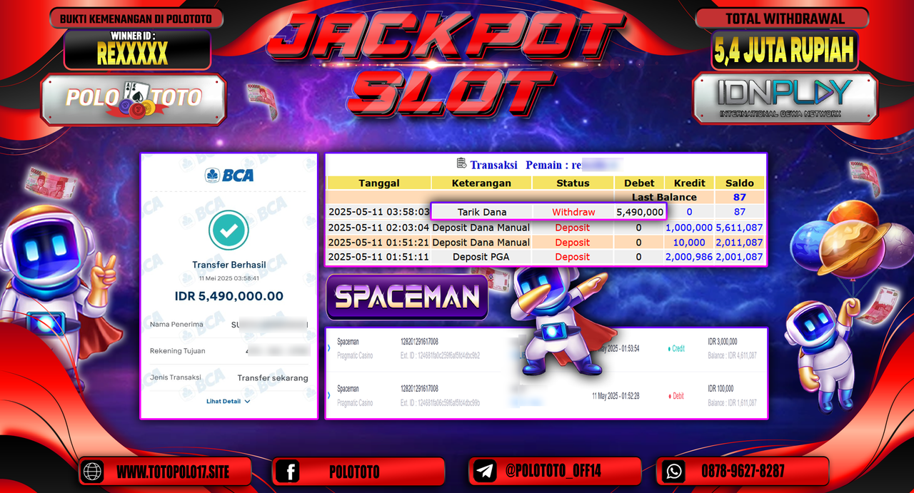 POLOTOTO JACKPOT SLOT SPACEMAN Rp.5.490.000,-